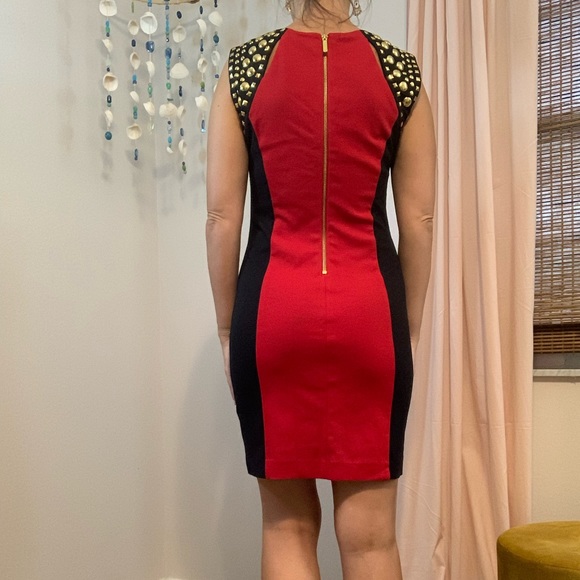 Michael Kors Dress black and red with gold studs and zipper. Size 0 worn once - Picture 4 of 10